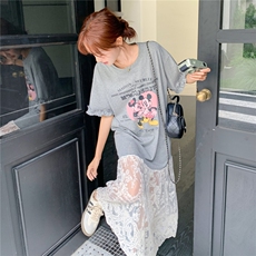蕾丝拼接花边卡通灰色T恤连衣裙女夏2025新款休闲运动高级感长裙，女装连衣裙，2C236