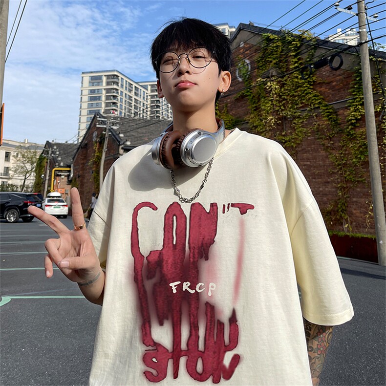 个性涂鸦短袖t恤男生夏季潮牌潮流设计感2025新款宽松五分袖上衣,男装T恤,电商A486