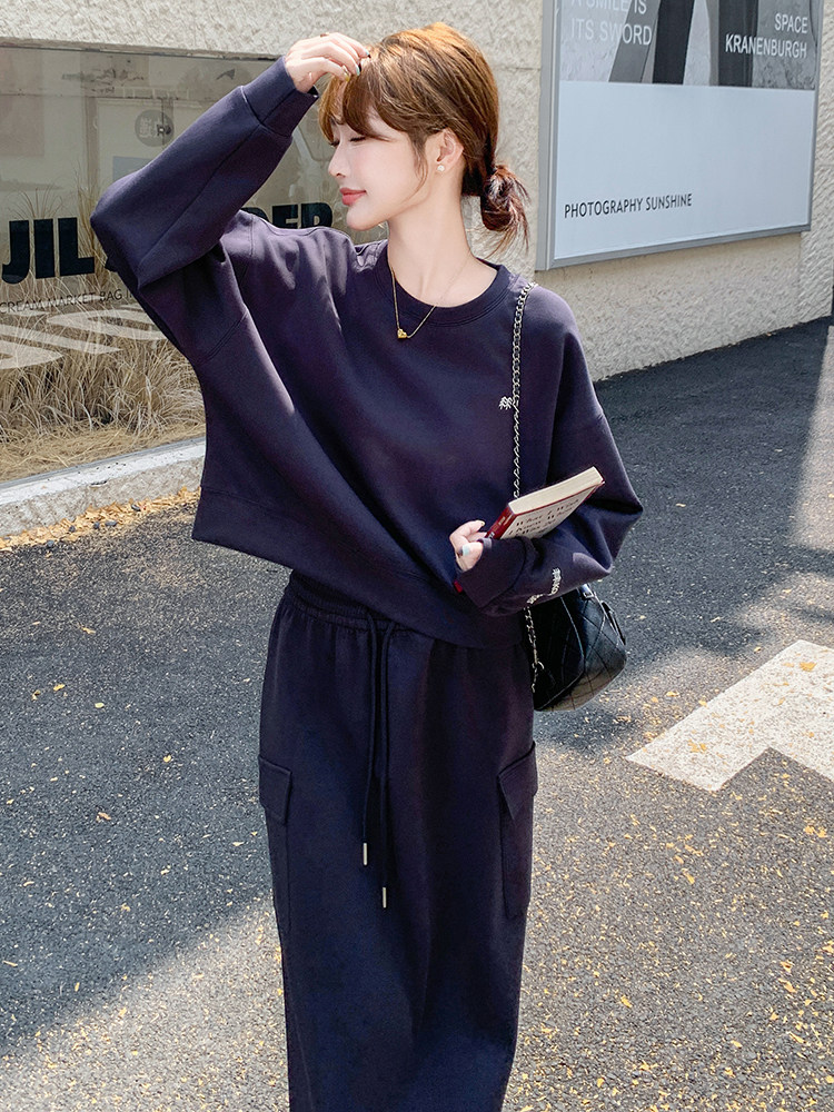 藏青色休闲时尚卫衣套装裙女2025春季新款韩系慵懒风半身裙两件套,女装套装/套裙,C位