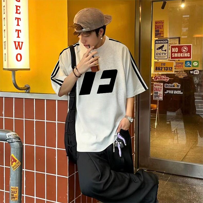 抖音得物高品质二开240克宽松纯棉美式潮牌三条杠织带短袖T恤图片