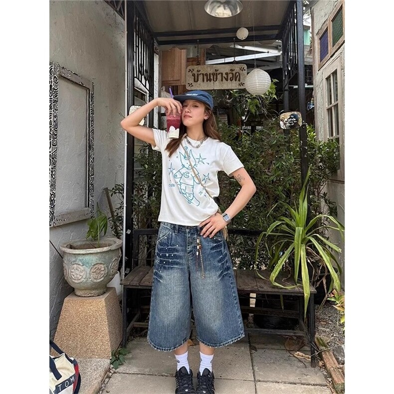 美式复古竹节纹阔腿牛仔短裤女夏季铆钉高街设计感宽松显瘦七分裤,男装牛仔裤,星座506A