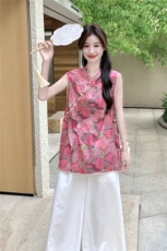 新中式国风盘扣立领衬衫女2025夏季新款时尚洋气印花老钱风上衣潮，女装蕾丝衫/雪纺衫，浙宝069