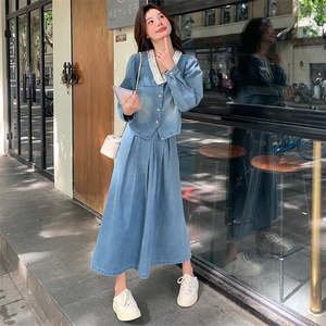 法式蕾丝花边拼接牛仔套装裙女2025春季新款气质温柔风百搭两件套图片