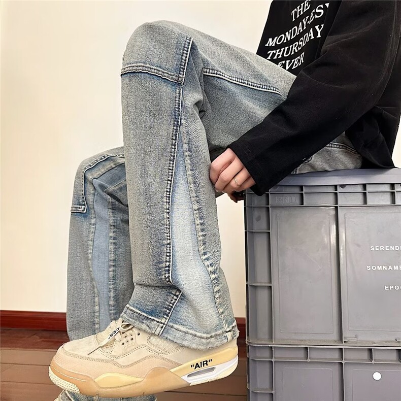 美式vibe裤子高街水洗牛仔裤男设计感小众拉链裤B8152P45图片