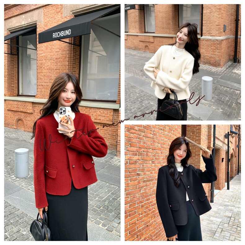 高端气质双面羊毛外套女冬季红色复古显瘦气质圆领短款毛呢上衣潮,女装毛呢外套,2C273