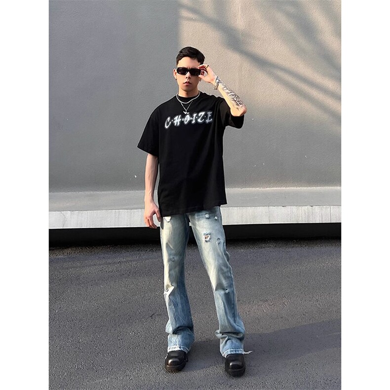 美式高阶水洗ins做旧牛仔裤破洞直筒裤情侣潮KZ31D777--TP40,男装牛仔裤,电商A247C