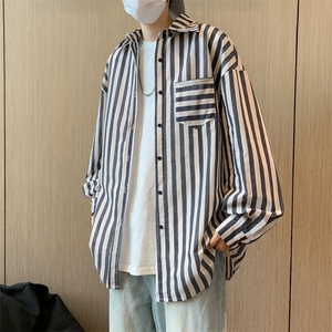 条纹衬衫男2024春夏季新款港风潮牌长袖衬衣帅气潮流宽松休闲外套图片