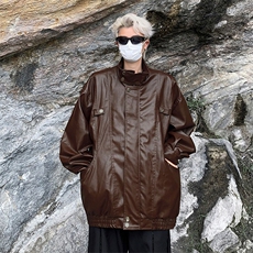 机车服男款潮牌宽松工装PU皮衣外套秋季高街潮流休闲痞帅立领夹克，男装皮衣，星座410-7