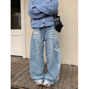 街头字母印花牛仔裤潮牌秋冬新款复古洗水阔腿弯刀裤子 NH1图片