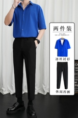 轻熟风两件套西装长裤男九分裤宽松韩版港风休闲裤短袖衬衫套装潮，男装衬衫，星座505-2（原电商A260-1)