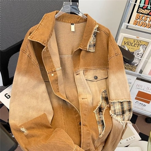 美式拼接牛仔外套男春秋季新款设计感破洞宽松夹克上衣N7014/P79,粉衬衫西装外套搭配什么裤子图片