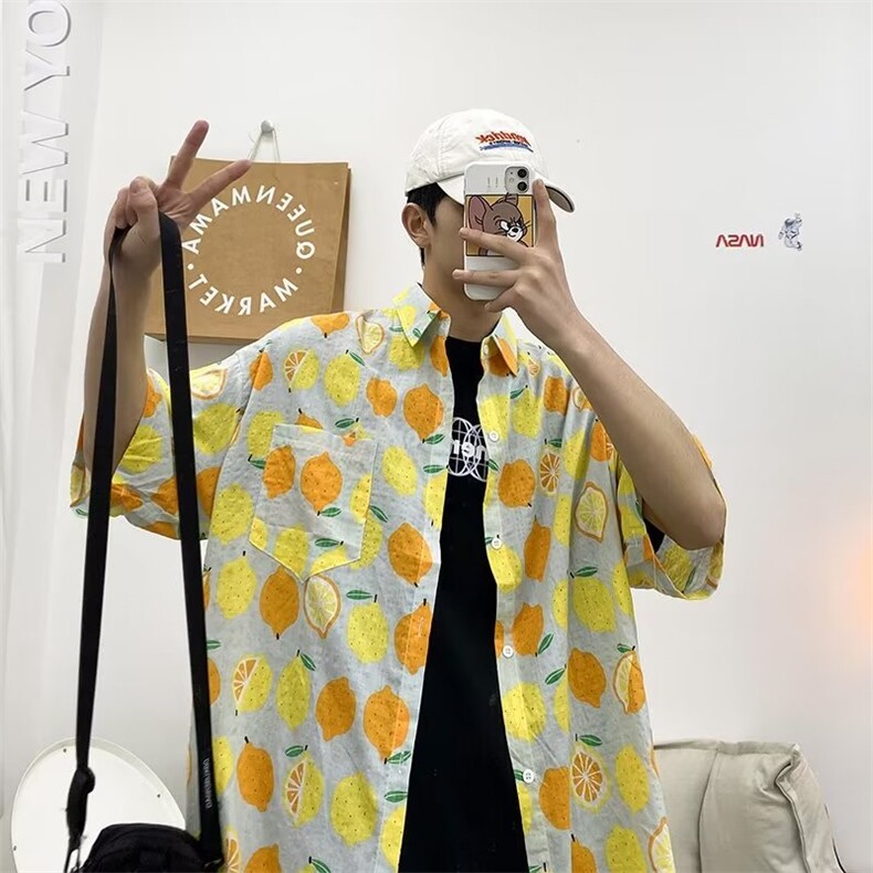 气质百搭新款衬衫ins潮流青春流行标准夏季潮原宿五分袖男慵懒,男装衬衫,星座716-4