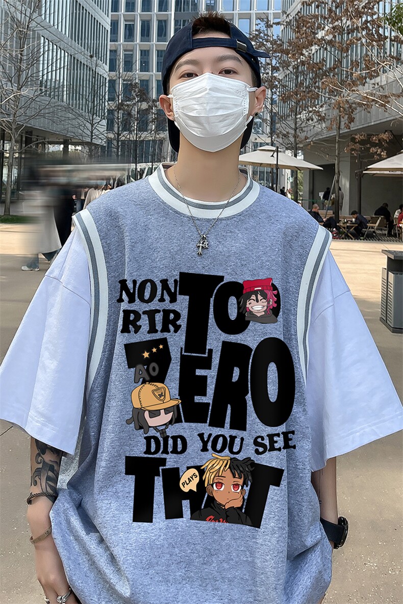 ！港风23夏季时尚卡通假两件背心纯棉短袖T恤T6615P40控58,男装背心/马甲,电商A268A