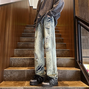 美式复古新款水洗破洞牛仔裤男秋季ins潮牌高街百搭宽松NZ111-P55图片