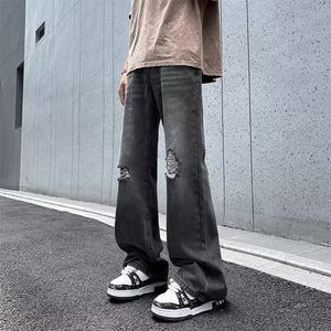 水洗烟灰色牛仔裤潮牌破洞修身vibe微喇ins男长裤 N9094图片