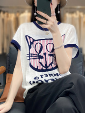 冰丝针织衫女t恤短袖薄款夏季2025新款小个子宽松设计感小众上衣，女装T恤，佳绒包芯纱店