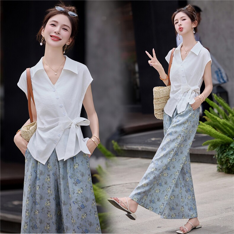韩系时尚通勤气质套装女2025夏白色绑带收腰衬衫印花阔腿裤两件套，女装套装/套裙，微微衣阁