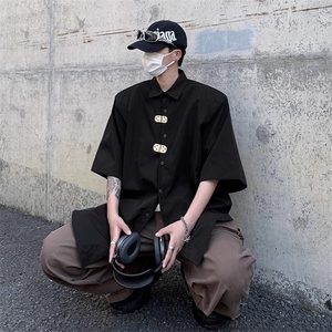 夏季小众金属扣设计感短袖衬衫男宽松休闲垫肩衬衣A3371-P37图片