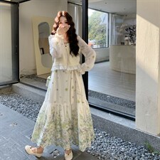 26春新款现-度假风拼接兰花针织开衫连衣裙套装2629-P200K328，女装套装/套裙，2B190