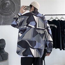 C48男士休闲几何长袖衬衫港风文艺衬衣外套潮男装花帅气公子衬衫图片