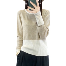 秋冬新款圆领拼色长袖针织毛衣女复古修身坑条内搭毛衫上衣打底衫，女装羊毛衫，宛庄羊绒