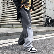 潮ins嘻哈设计感高街破洞牛仔裤宽松直筒长裤子男N08115-P45，男装牛仔裤，星座308B-1