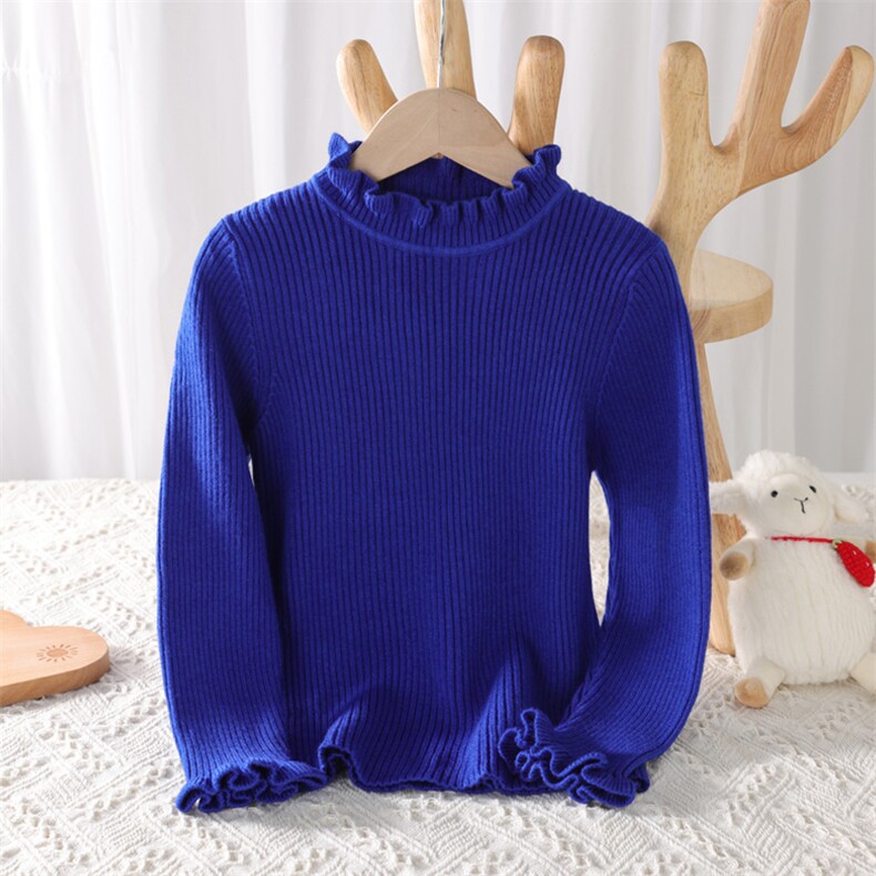 时尚女童高领毛衣纯色百搭针织衫花边领长袖保暖上衣，童装儿童针织衫，伊美侕