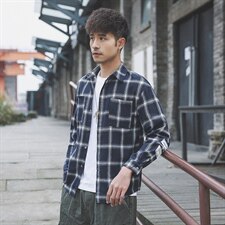 2021春季外景日系大码男休闲格子宽松纽扣翻领衬衫C503-P45，男装衬衫，电商A001