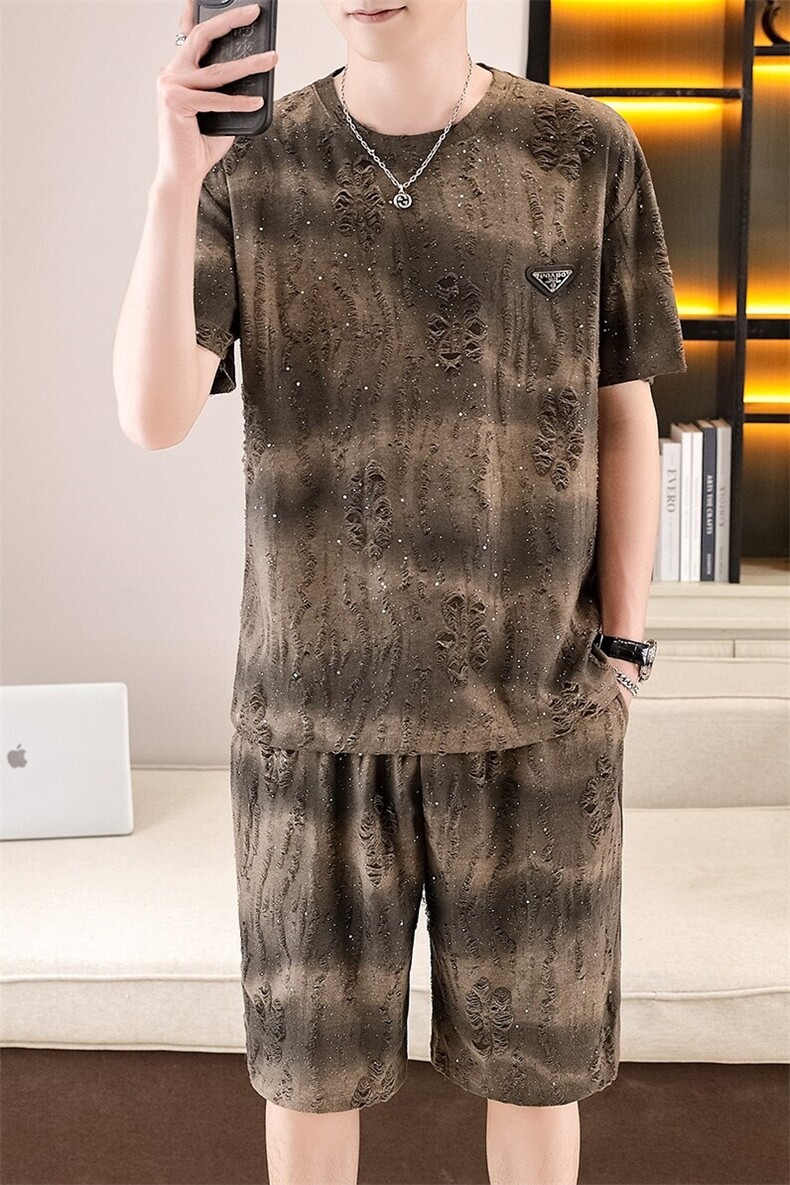 满天星短袖套装男士星河扎染镂空半袖T恤五分裤套装,男装牛仔裤,星座1206（原A206）