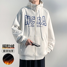 2023冬季新款港风加绒加厚撞色字母印花开衫连帽卫衣23136-P58，男装卫衣，星座914-3