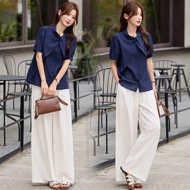 2026年夏季新款时尚休闲设计感衬衫阔腿裤两件套显瘦，女装套装/套裙，婷轩阁