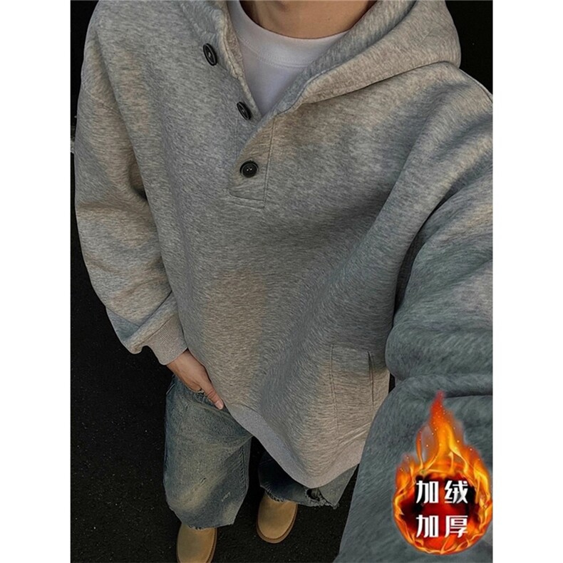 春秋美式纽扣连帽加绒卫衣男cleanfit宽松休闲百搭基础纯色卫衣潮,男装卫衣,星座1210-1