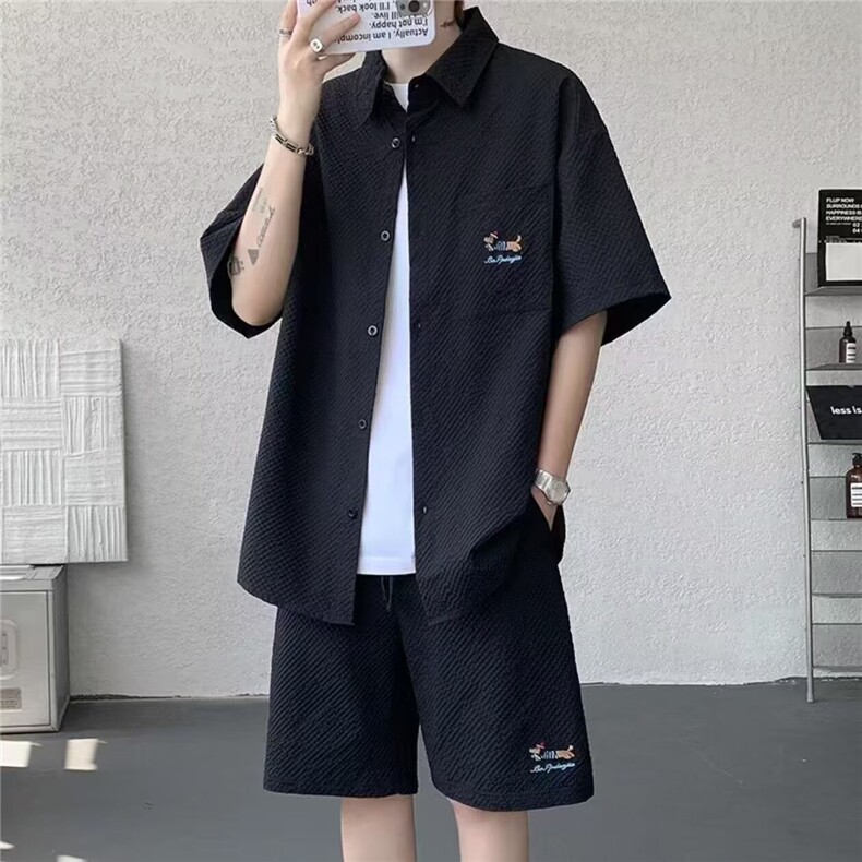 藏青色休闲衬衫短袖套装男2025夏季泡泡纱短裤穿搭帅气搭配一整套,男装休闲套装,星座506A