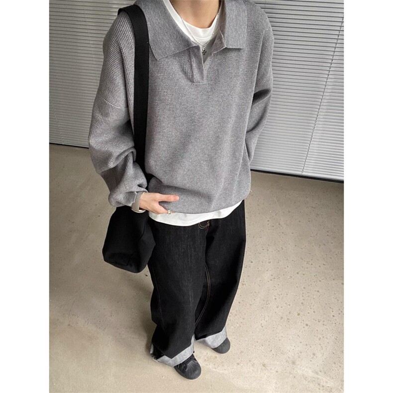 V领慵懒短宽针织衫男女POLO翻领套头基础纯色秋冬季毛衣 M5232图片