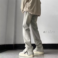 欧美高街牛仔裤男韩版裤脚开衩拉链2026春季ins直筒裤RK099-P41，男装牛仔裤，星座412-2