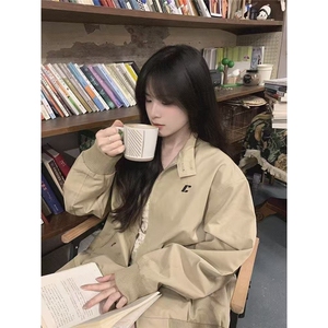 美式复古卡其色立领2025新款春秋外套宽松工装休闲夹克韩系上衣女图片