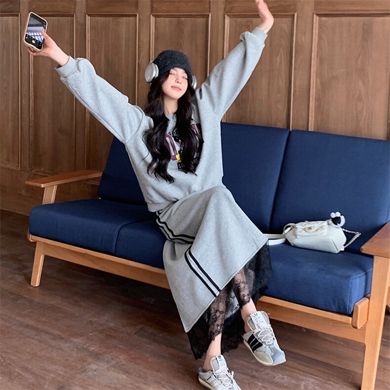 慵懒风灰色卫衣套装裙女2025春季新款设计感蕾丝拼接半身裙两件套,女装套装/套裙,浙宝103（原192）