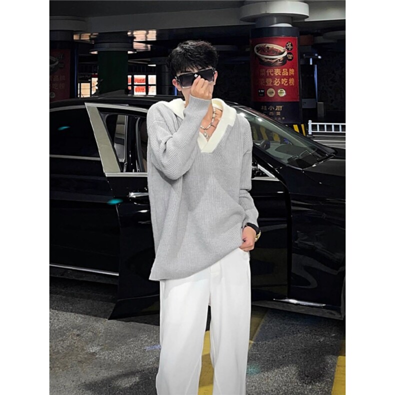 新款假两件连帽针织衫男款潮流帅气宽松情侣百搭外套LM53066-p60,男装针织衫/毛衣,星座1008