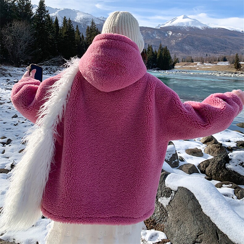 【新款】玫红色连帽外套皮毛一体C57-P205K308,女装皮草,2C272