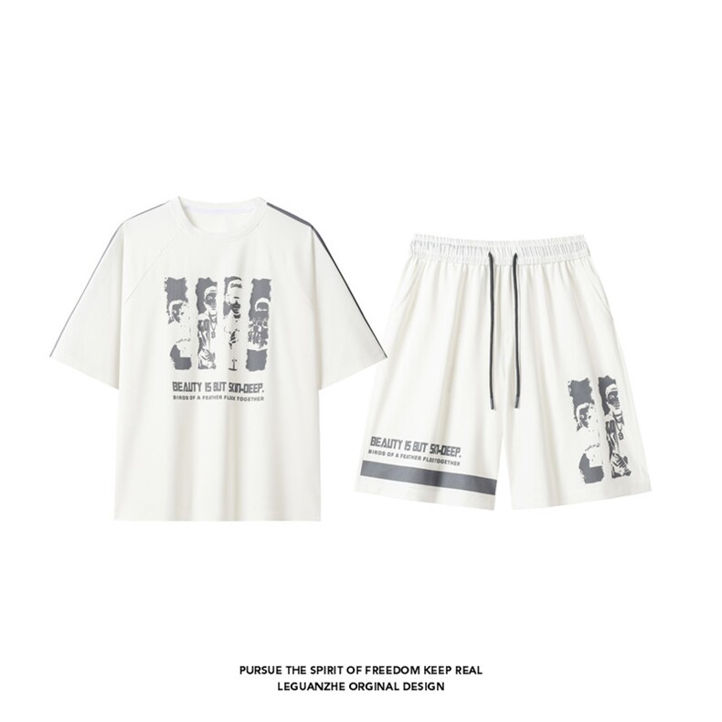 2025夏季新款港风白底大码冰丝印花短袖套装M-5XHQ25585-P60,男装休闲套装,电商A022