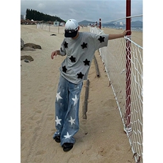 油漆涂鸦五角星牛仔裤男女款做旧宽松直筒裤XX725，男装牛仔裤，星座208-5