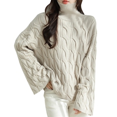 2025秋冬新款高领套头宽松针织衫女慵懒气质加厚保暖纯色时髦毛衣，女装针织衫/毛衣，特麦惠羊绒