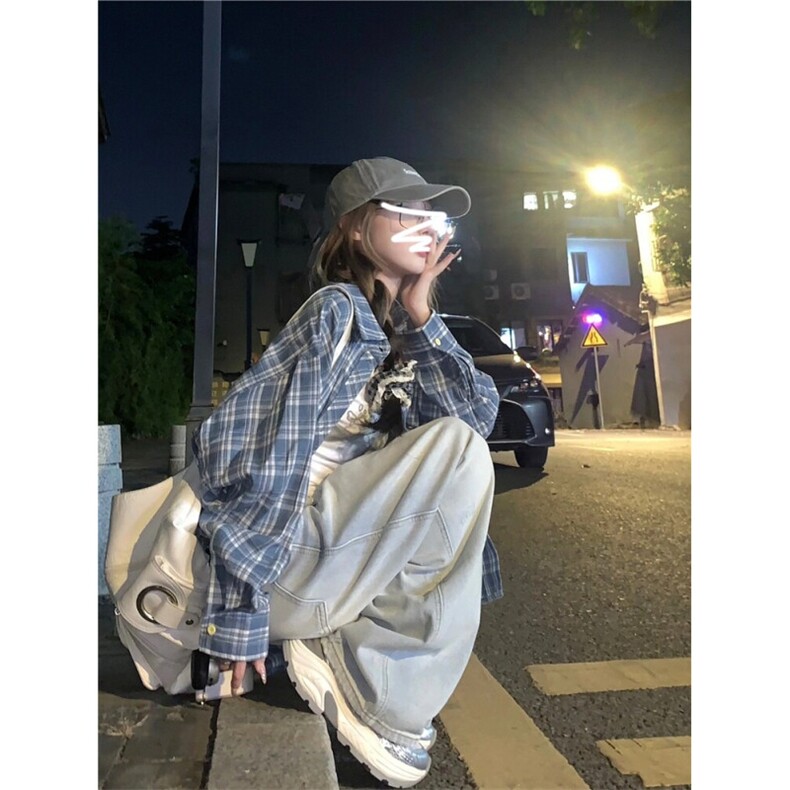 TC679-p45美式复古蓝色格子衬衫女装秋季新款外搭衬衣防晒外套,女装衬衫,星座617A-2