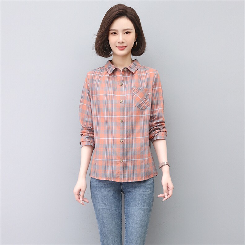 纯棉格子衬衣女款2025新款春秋中老年女士衬衫妈妈长袖上衣,女装衬衫,独衣靓