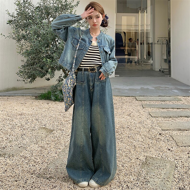 美式炸街牛仔套装女2025年春季新款短款外套高腰直筒阔腿裤两件套,女装套装/套裙,浙宝305