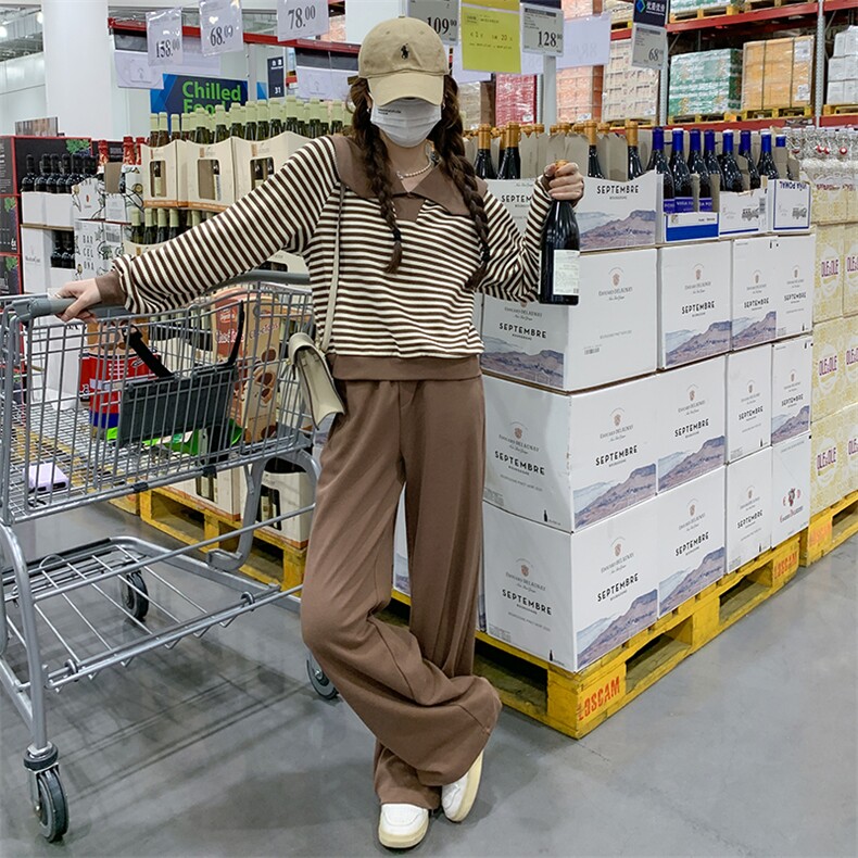 23新品海军领条纹卫衣+休闲阔腿裤两件套,女装运动套装,菡迪欧娜