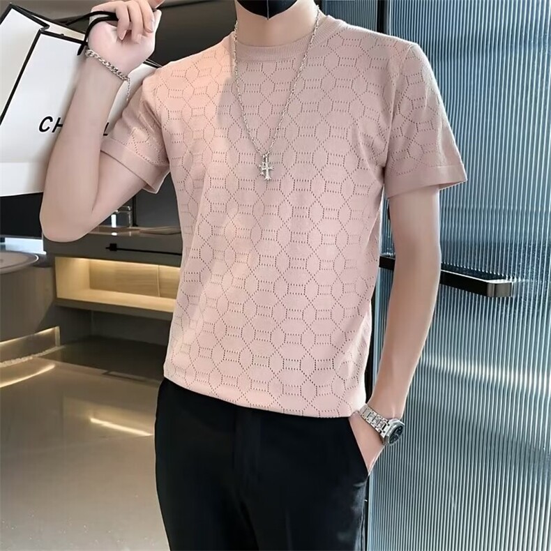 夏季薄款镂空针织短袖男t恤圆领潮流青年修身上衣,男装T恤,星座1013