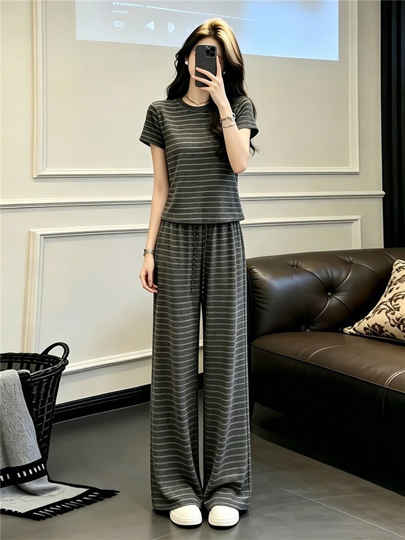 欧货时尚休闲套装女夏季新款圆领条纹撞色短袖上衣阔腿长裤两件套,女装套装/套裙,江南