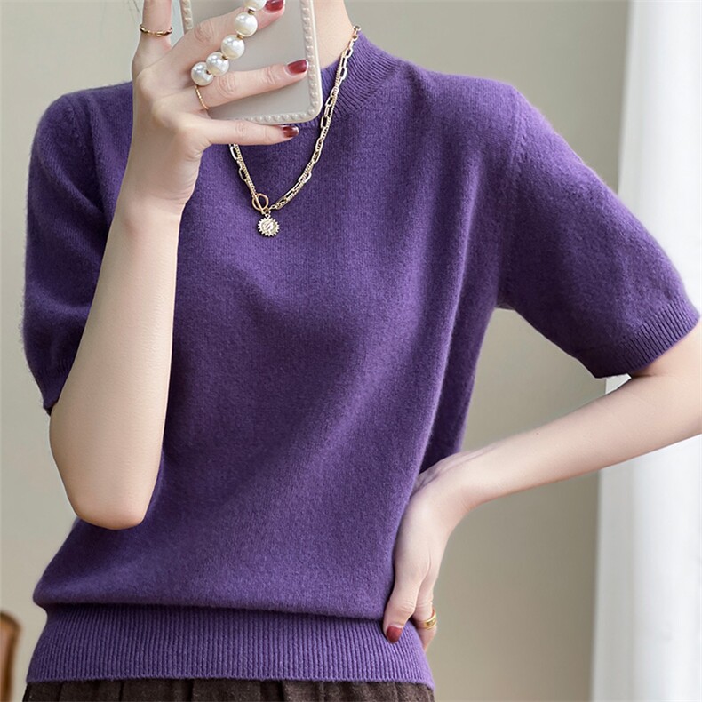半高领短袖针织羊毛衫女2024夏秋新款纯色短款套头薄款，女装T恤，越洋羊