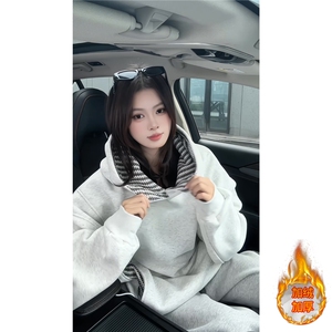 ！鱼骨纹拼接撞色卫衣冬季加绒连帽衫外套 WR2252JR-P65控108图片
